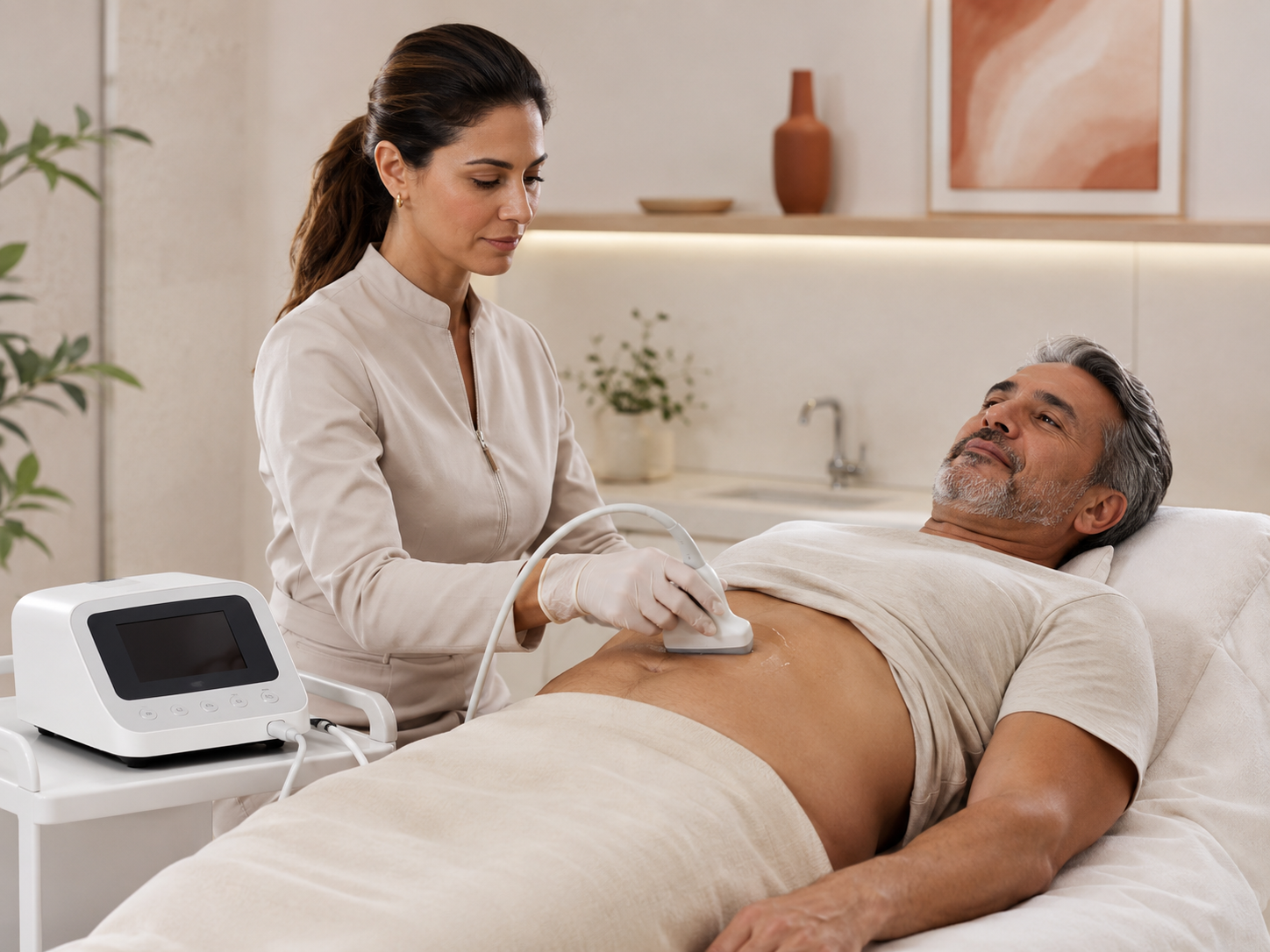 Aplicação de ultrassom corporal em paciente masculino